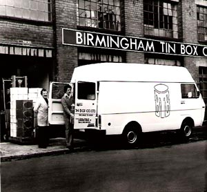 Old, black and white photo of a Birmingham Tin Box delivery van